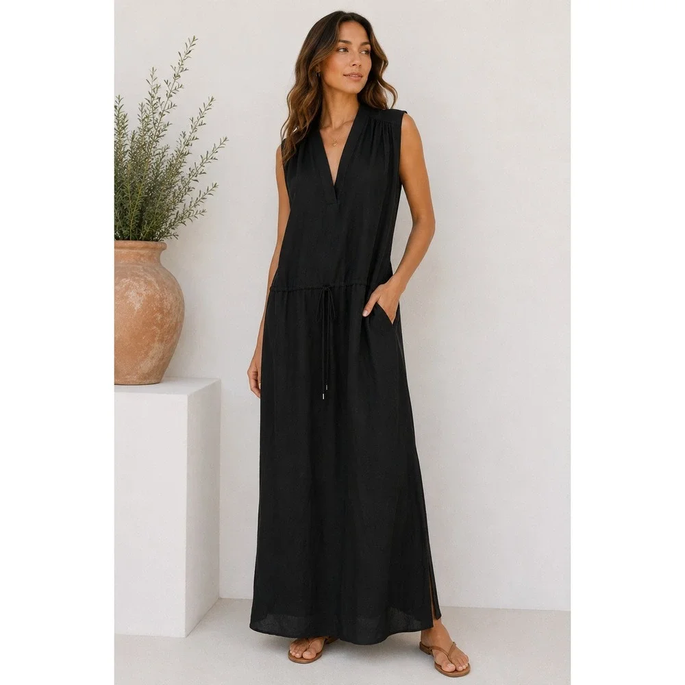 Vince Maxi Dress S Black 100% Silk Sleeveless V-Neck Drawstring Waist Minimalist